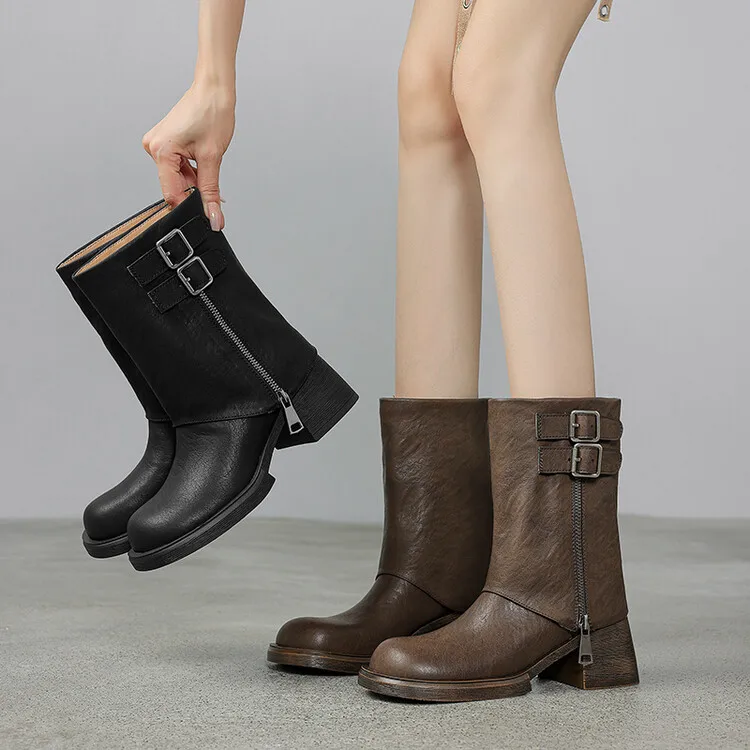 

Brown Leather Women Platform Short Boots Double Buckle Casual Riding Botas Side Zipper 6cm Square High Heels Autumn Botine Mujer