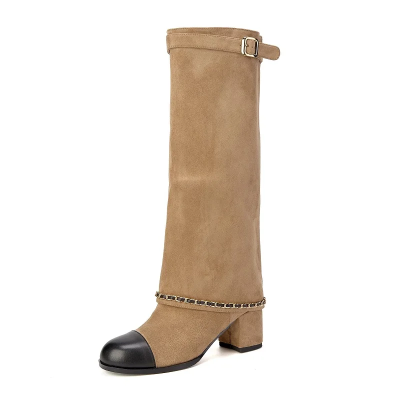 

Womens Trouser Boots Square Heel Chains Shoes Spring Autumn Fashion Boots Sip On Internet Celebrity Belt Shoes Round Toe