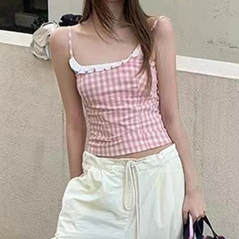 Women Crop Camisole Casual Summer Sleeveless T-Shirt Vest Lace Ruffles Plaid Print Spaghetti Strap Tank Tops Korean Streetwear