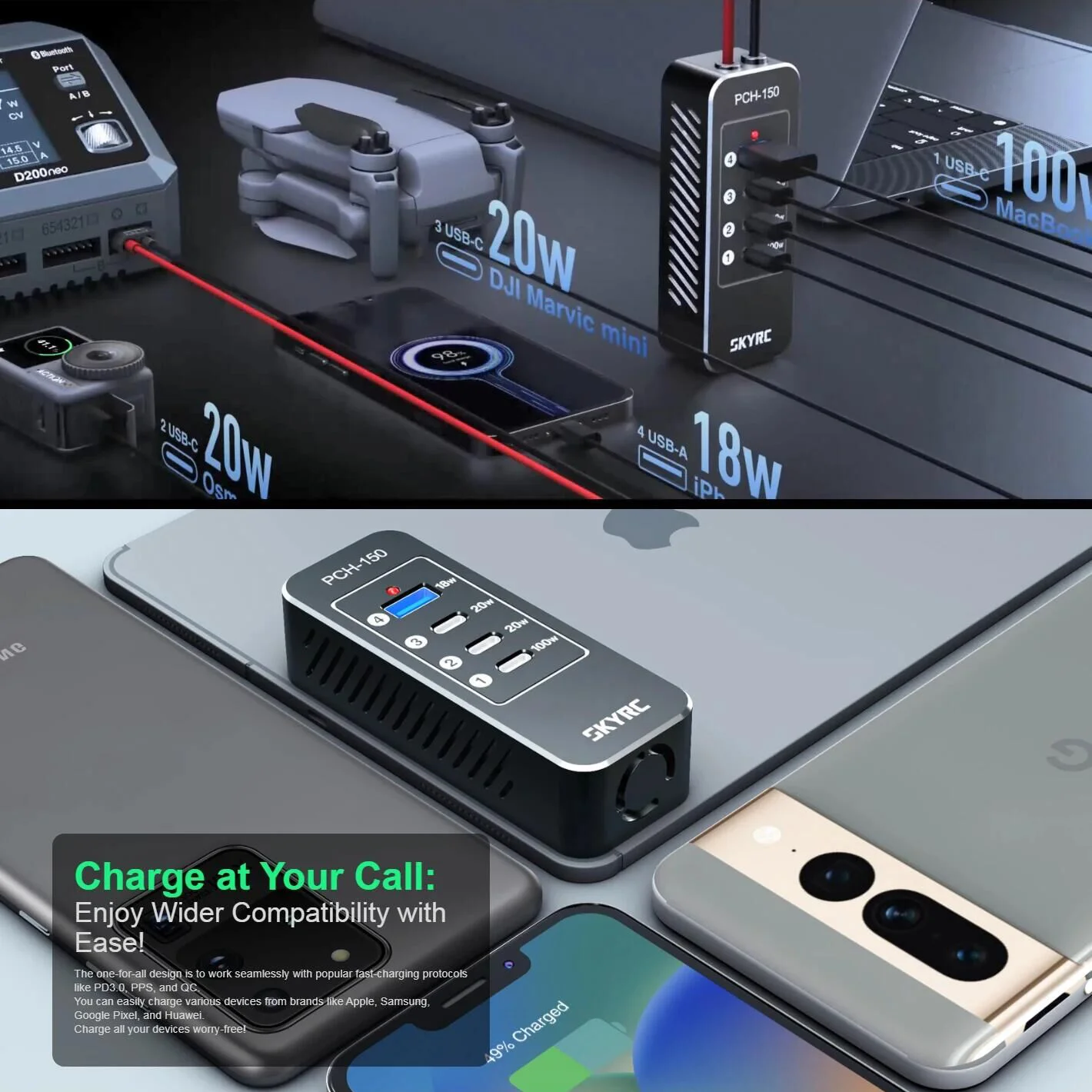 PCH-150 158W แท่นชาร์จพลังงานเปรียบเทียบ T1000 Maestro Charger D200neo SK- 600148   อุปกรณ์เสริม USB PD RC สูงสุด 100W