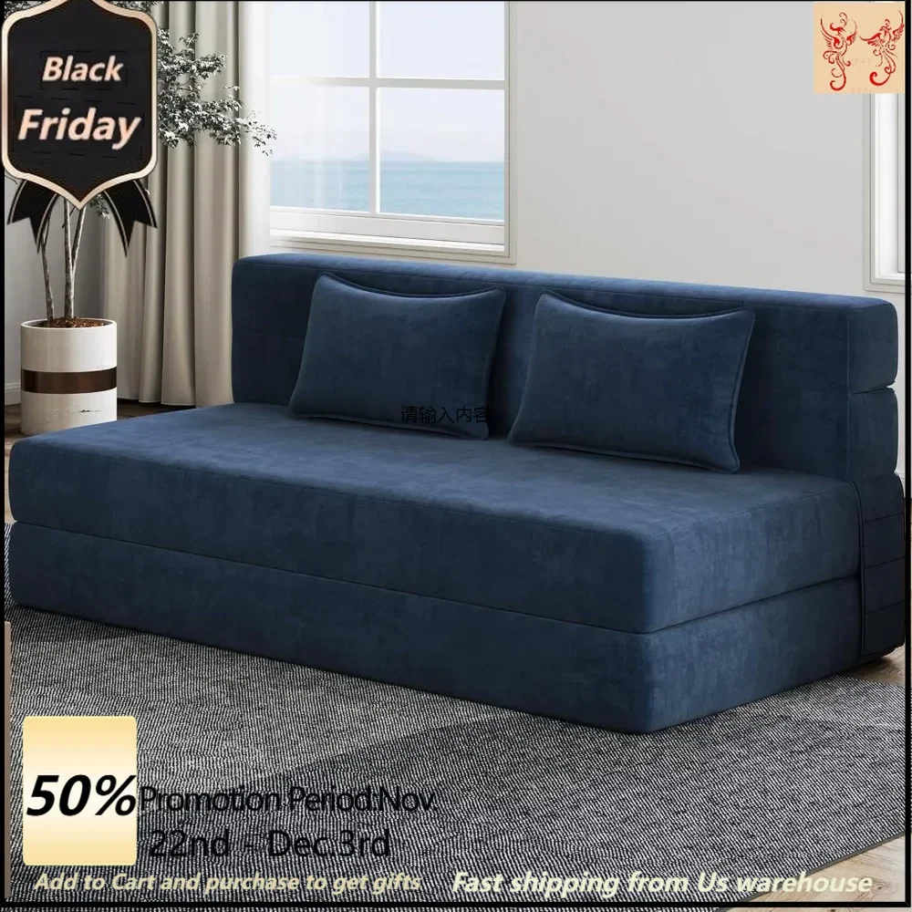 Fold-out sofa bed with 2 pillows with breathable and washable cover, convertible and easy to store，59.84 L x 76 W x 5.98 H inch