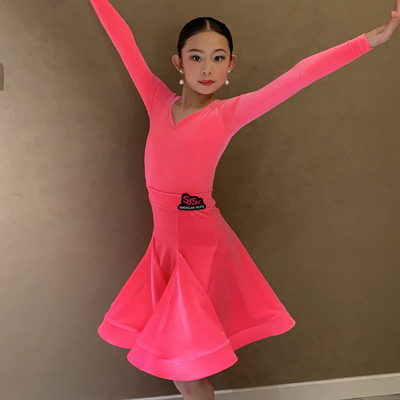 

Платье, профессиональный костюм для выступлений, флуоресцентный цвет, бархатная одежда для латинских танцев, одежда для соревнований с длинными рукавами для девочек