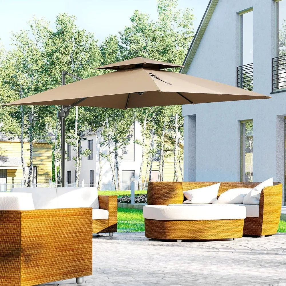 

10ft Offset Patio Umbrella with Base, Double Top Hanging Aluminum Cantilever Umbrella with 360-degree Rotation, Customized