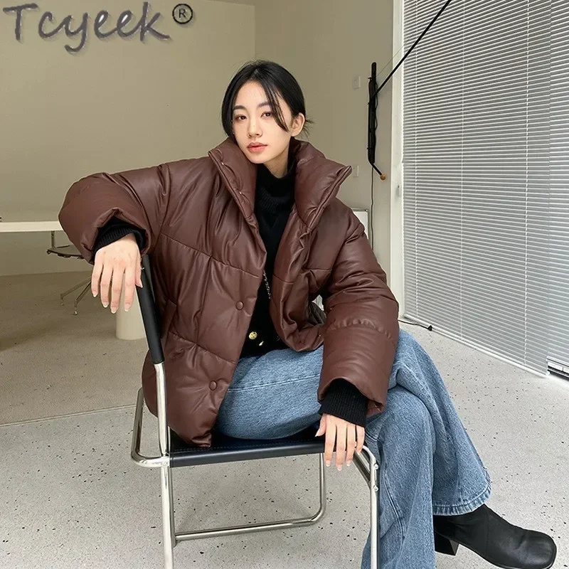 Tcyeek Chaqueta de plumón de cuero genuino chaquetas de invierno para mujer abrigos cálidos abrigo de piel de oveja holgado para mujer nuevo estilo