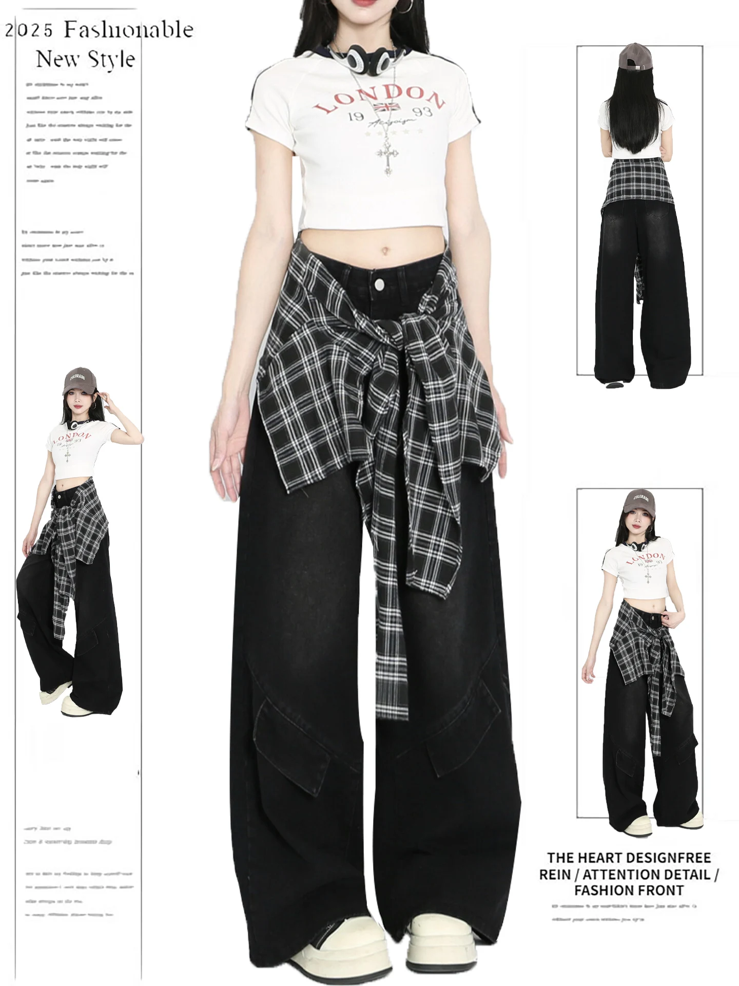 

Женские джинсы в стиле ретро, американский дизайн Bla, летние джинсы из двух предметов, клетчатая лоскутная рабочая одежда, длинные брюки с высокой талией, широкая...