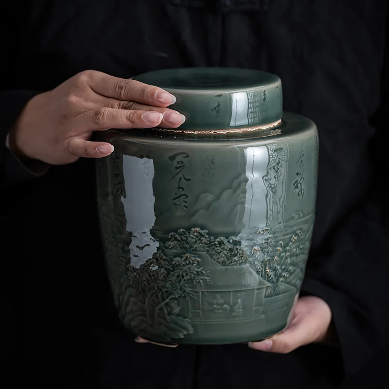 Urna funerária em relevo de celadon, urna de cremação humana, urna para animais de estimação, talheres de cerâmica, urna de amigo, urna de urnas