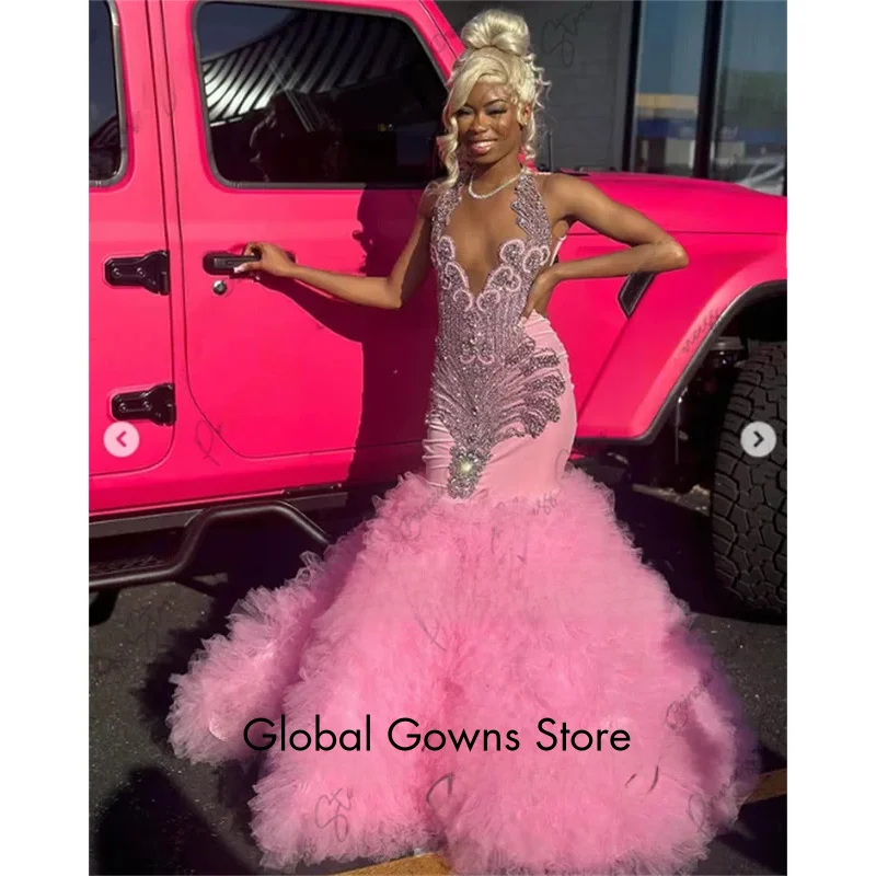 Luxe glitter kralen lange formele zeemeermin galajurken 2025, voor zwart meisje, strass ruches avondjurken op maat