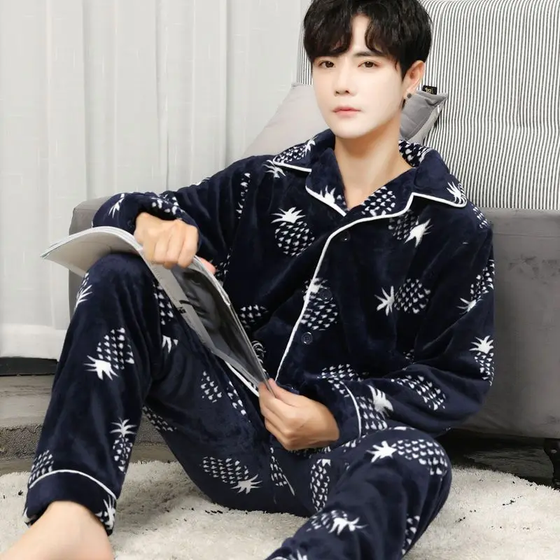 2023 New Pajama Men's Autumn Winter Long Sleeve Thick Flannel Suit Coral Fleece Fleece Middle-aged Elderly Large Size Homewear