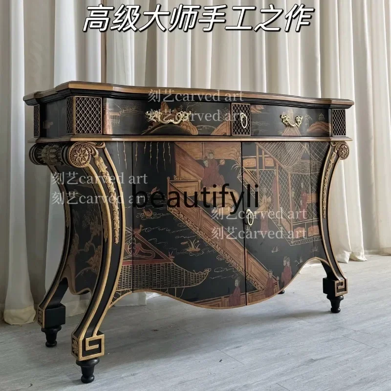 N178 G Medieval entrance cabinet Solid wood dining side cabinet Hand painted foyer Villa storage cabinet Black European style