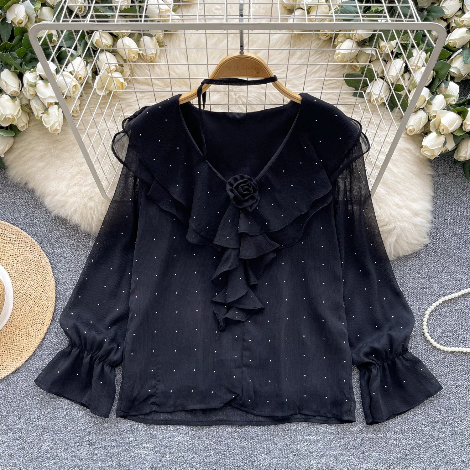 Chic Hotsweet Ruffle Casual Flare Sleeve Vneck Sexy Streetwear High Street Women Vintage Spring Autumn Short Blouse