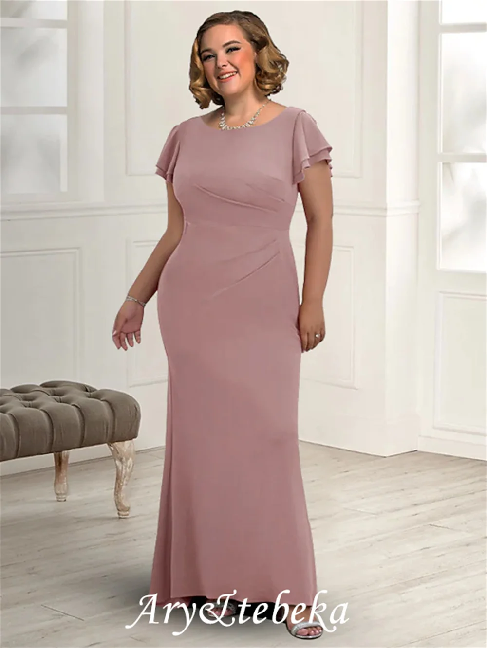 Mother of the Bride Dress Plus Size Elegant Sheath Jewel Neck Sweep / Brush Train Chiffon Short Sleeve with Ruched