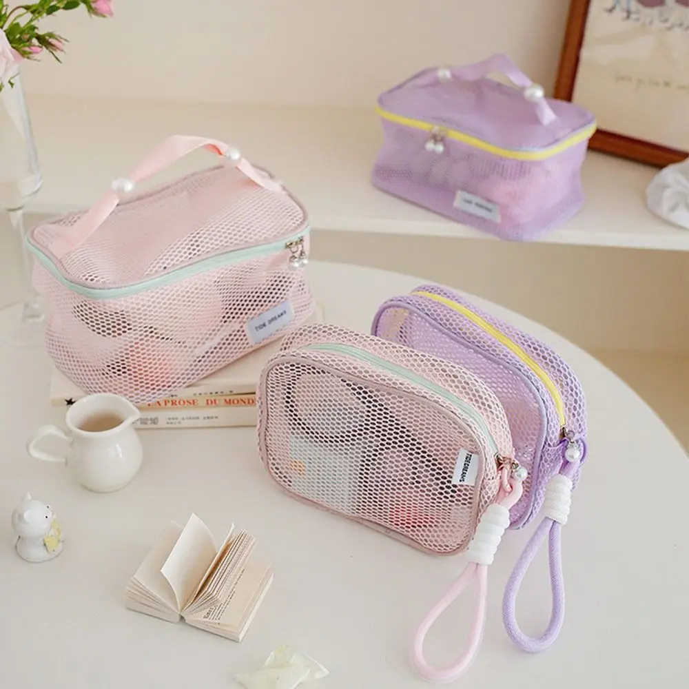 Portable Dopamine Color Mesh Cosmetic Bag Large Capacity Lightweight Coin Purse Breathable Toiletry Bags