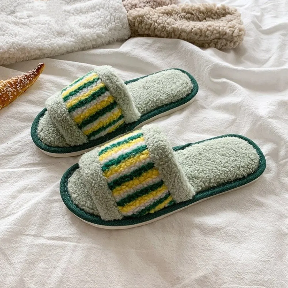 

Fashion Stripe Plush Warm Slippers Non-Slip Patchwork Winter Indoor Slippers Fluffy Casual Soft Home Slippers Gifts