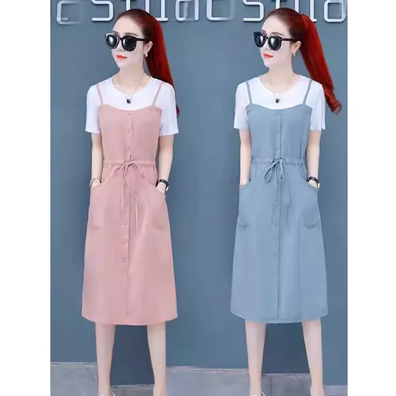 

Pink Cotton Dress 2024 Summer New Popular Korean Fake Two Pieces Dress and Fresh Waist Tie Strap Dress for Lace-Up Women Black