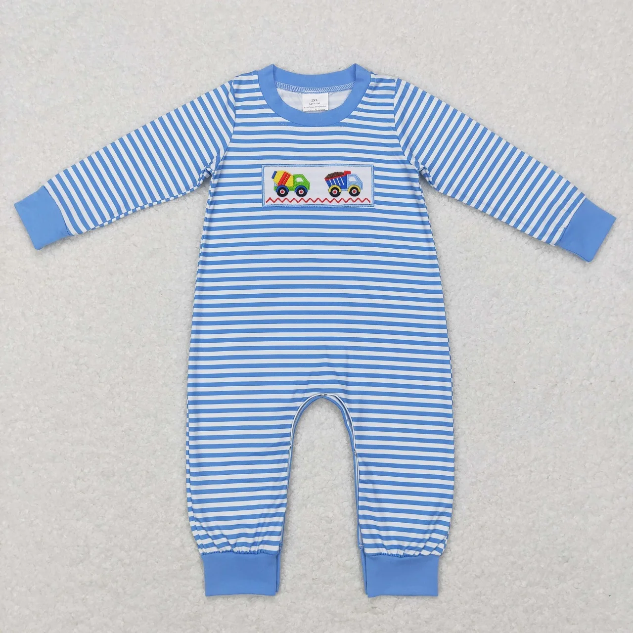 Wholesale Baby Boy Long Sleeves Embroidery Construction Romper Kids Toddler One-piece Newborn Coverall Bodysuit Blue Jumpsuit