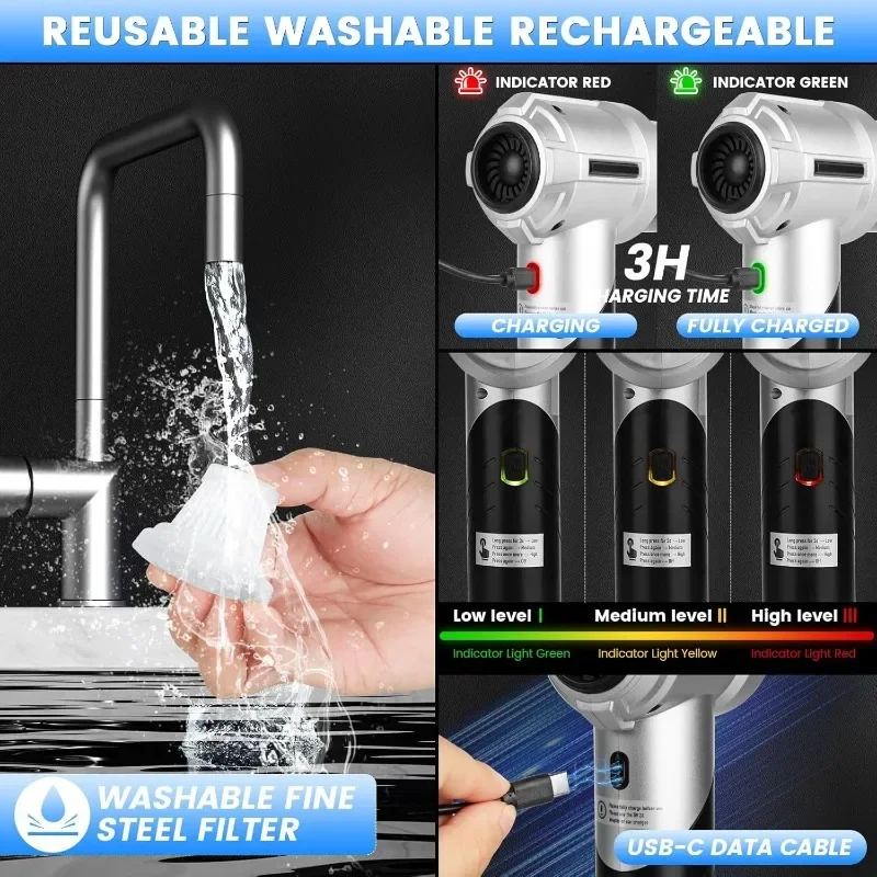 Aspiradora de coche inalámbrica de 18000Pa, soplador de aire 4 en 1, herramienta para hendiduras, Motor sin escobillas 90 °   Mango plegable recargable para PC Home Auto