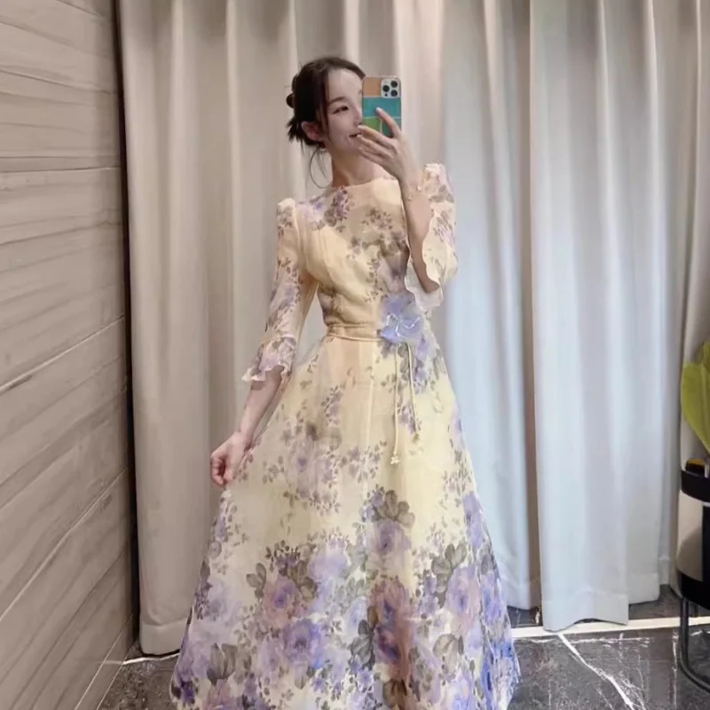 

Tea Break French Floral Dress Female Spring2024New High-End Exquisite Vacation Style Super Nice Chiffon Dress