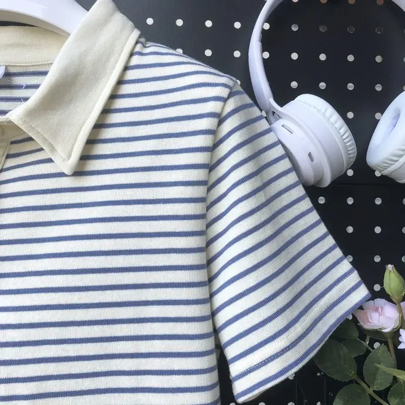 Short Sleeve Polo Neck T Shirt for Striped Women Woman Tshirt Women's T-shirt Y2k Fashion Aesthetic with Collar Korean Clothing