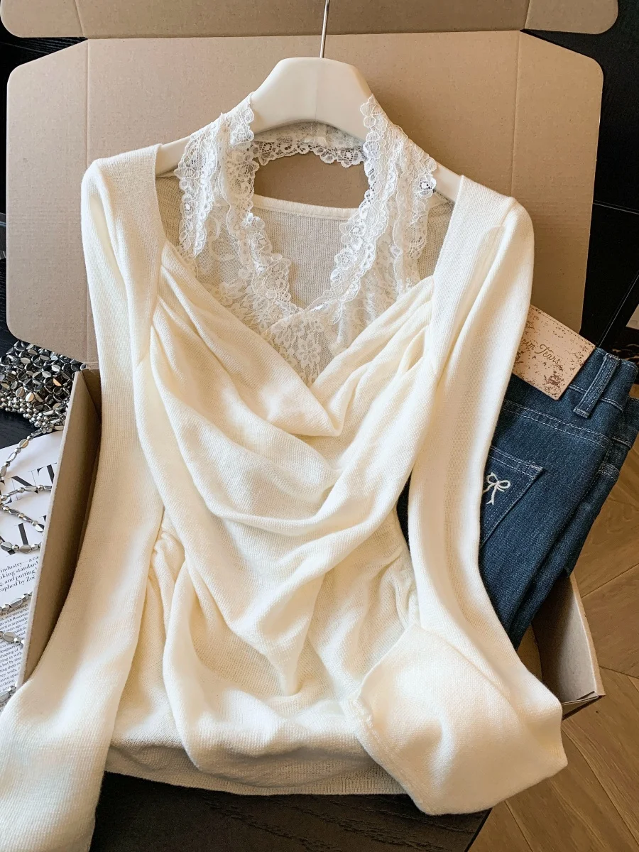 

Женский трикотажный топ с кружевным воротником цвета персикового цвета, приталенный, с длинным рукавом, весенний, в нежном стиле, с эффектом утяжки талии, стройнящая футболка