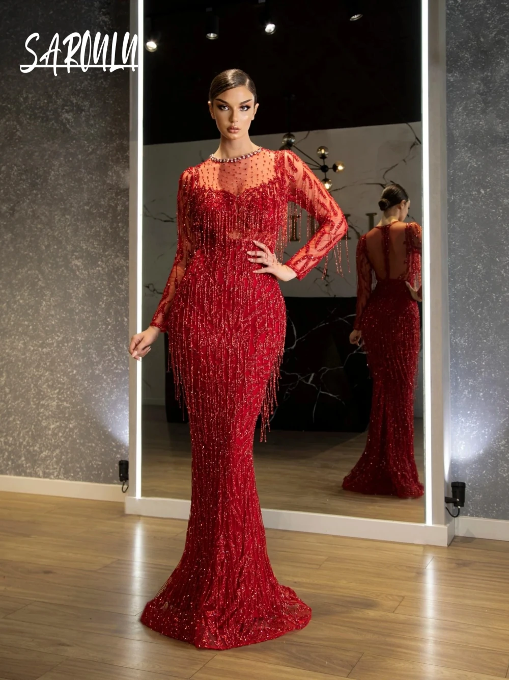 Delicate Glitter Red Tassel Evening Dress Illusion Sleeves Formal Party Prom Gown Chic Customized O Neck Beaded Women Wear