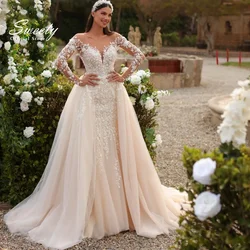 Detachable 2 In 1 Mermaid Wedding Dress Organza With Embroidery Lace Ball Gown Full Sleeve O-Neck Vestido De Novia Customized