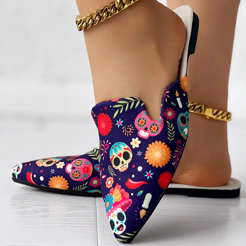 Fashion Women Point Toe Shoes Flat Casual Home Wear Vacation Halloween Skull Head Print Slippers Point Toe Mules