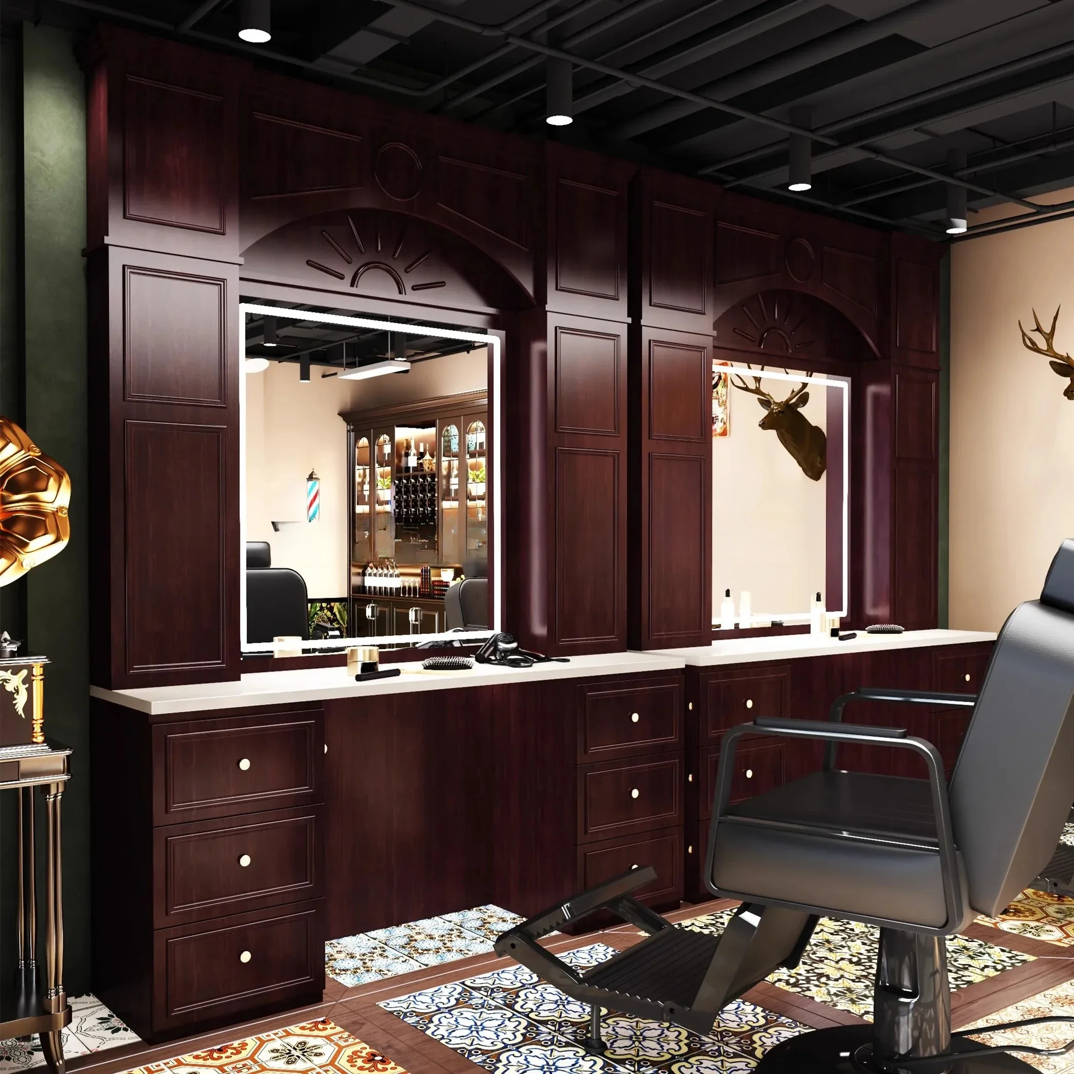 L-High-end solid wood marble retro hairdressing barber shop mirror haircut mirror barber salon hair salon special