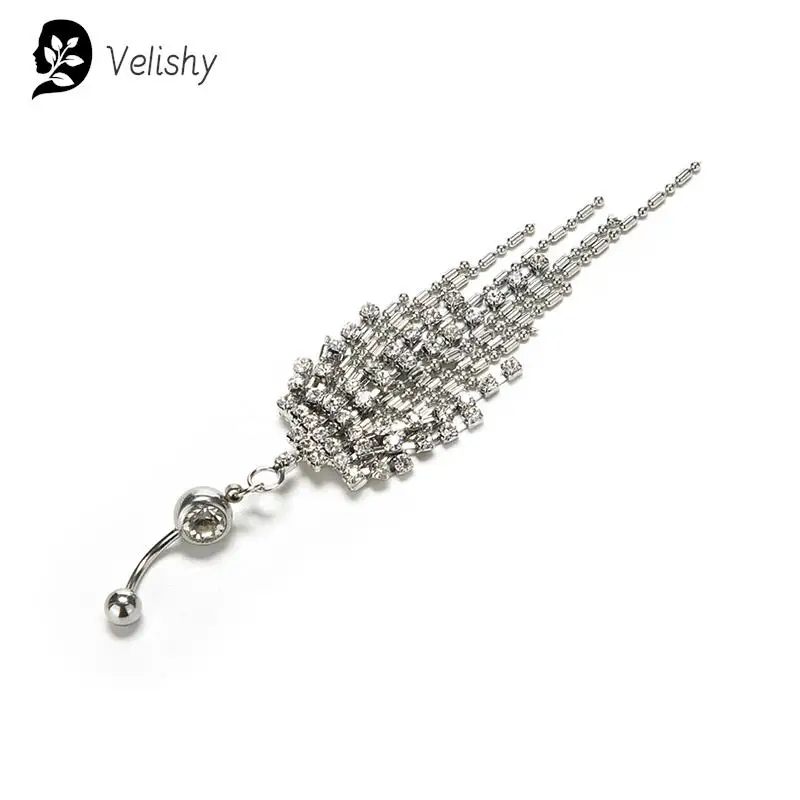 1Pc Surgical Steel Crystal Rhinestone Dangle Belly Button Ring Fashion Body Jewelry Clear Gem Tassel Navel Piercing 316L