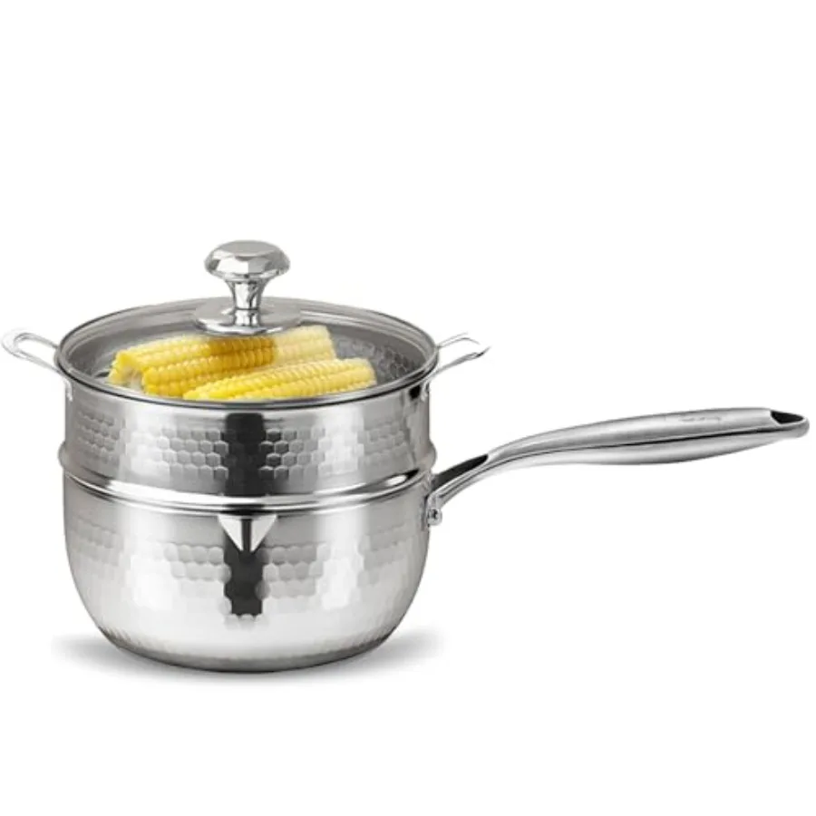 

5 Tri-Ply Stainless Steel Hammered Saucepan with Steamer visible Lid and Pour Spout Japanese Milk Pot for Cooking Milk Noodle P