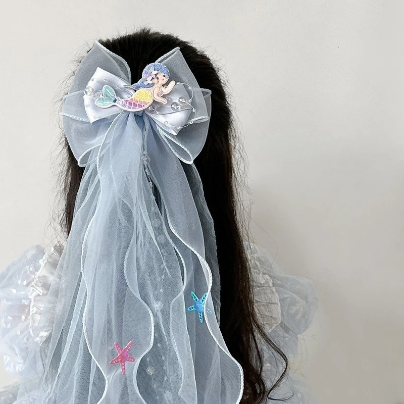 الأزرق سلسلة الأطفال مشبك شعر لطيف الكرتون المحيط حورية البحر الأميرة رباط شعر الاطفال الملحقات الدانتيل Bowknot الفتيات مشبك شعر