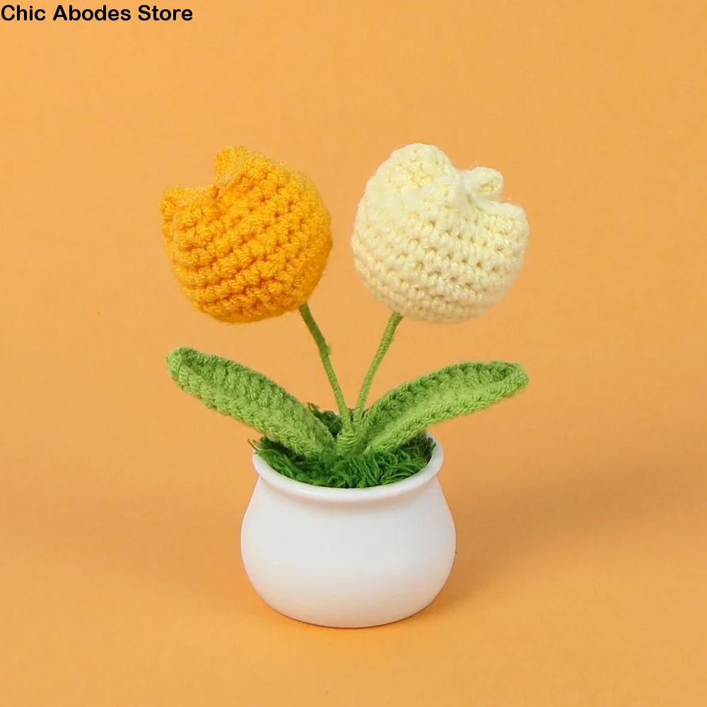 Finished Tulip Crochet Flowers Pots Fashion DIY Craft Tulip Handmade Flowers Mini Handmade Woven Flower Potted
