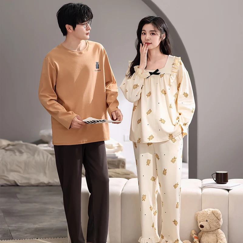 High Quality  Couple Pajama Set 100% Cotton Long Sleeve Pyjamas Men and Women Casual Sleepwear