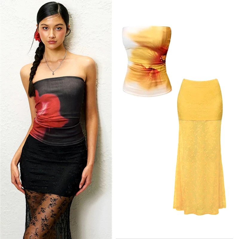 

New In Matching Sets Seaside Holiday Style Summer Women's Suit Elastic Strapless Top Women And Lace Skirt Women's Suit SL069