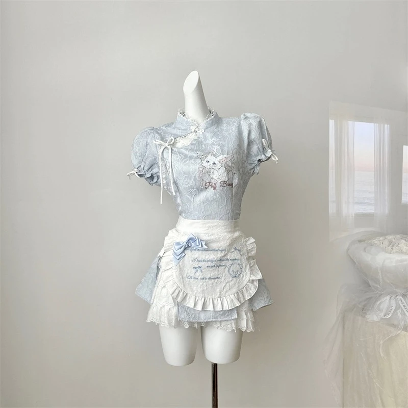 

Japanese Lolita Kawaii Elegant Sweet Mini Skirt Suits Woman Y2k Lace Design Retro 2 Piece Sets Female Bow Princess Chic Outfits