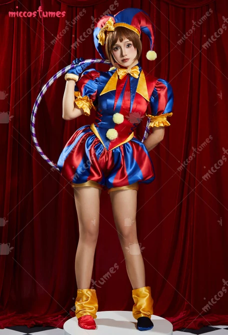 Miccostumes Women Clown Cosplay Costume Blue Red Jumpsuit and Hat with Gloves and Socks