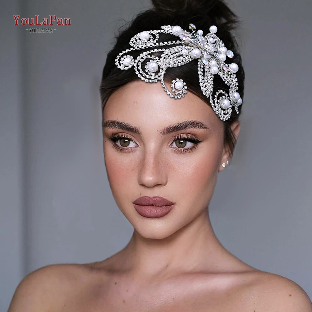 

YouLaPan Handmade Rhinestone Chain Bride Hair Comb Wedding Hair Accessories White Color Pearl Party Exquisite Headdress HP732