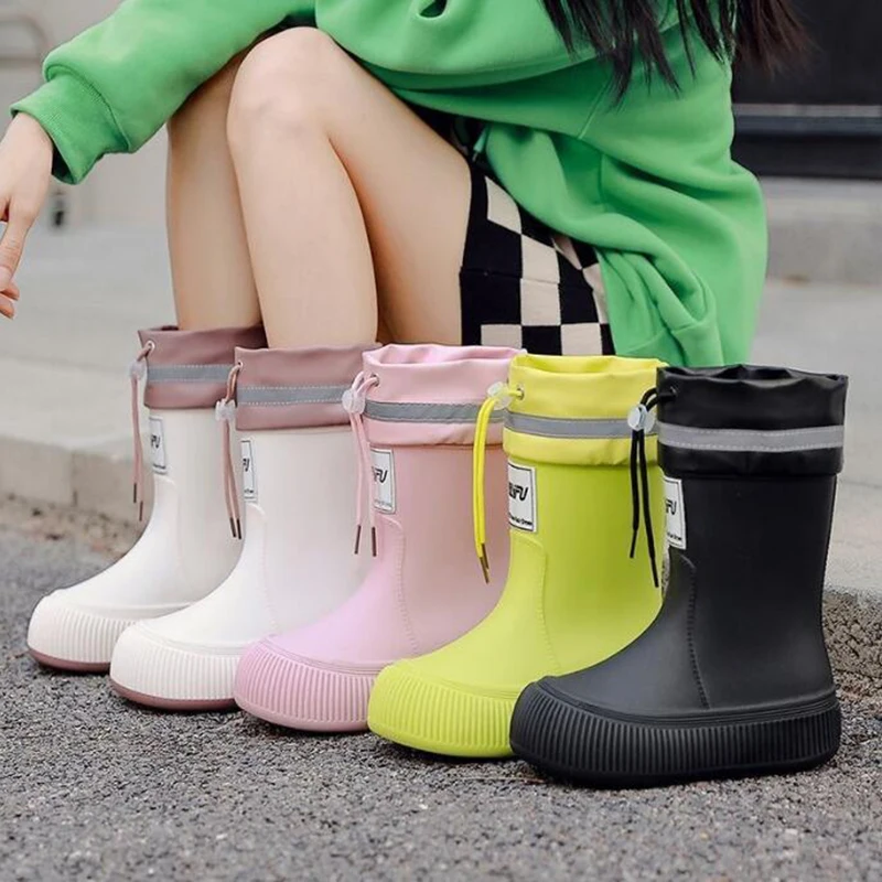 

Women Ankle Platform Rain Boots Spring New Fashion Nonslip Waterproof Shoes Solid Color Middle Barrel Rainboots botas de lluvia