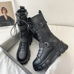 Women's Platform Boots 2024 Autumn/winter Black Lace-up Pu Motorcycle Boot Soft Sole Comfortable Fashion Knight Boot Botas Mujer