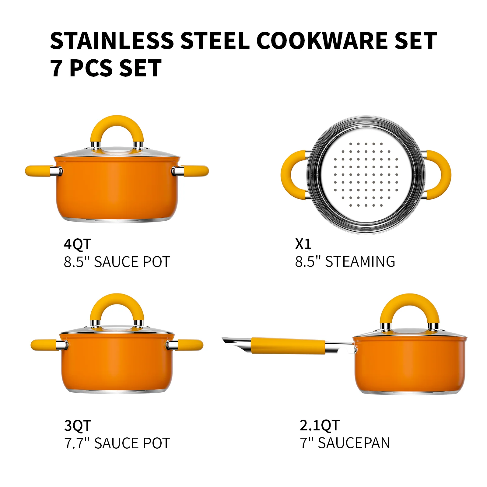 Stainless Steel Cookware Set, Pots and Pans Set 7 Piece, 4 3 2 QT Pot Pan with Lid and Steaming, Compatible with All Stovetops, Dishwasher Safe