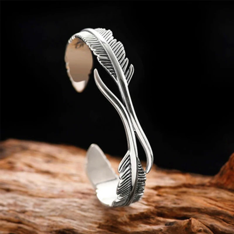 

PANJBJ 925 Sterling Silver Feather Adjustable Couple Bangle Gothic Punk Design Women Jewelry Gift Lucky Bracelet Dropshipping