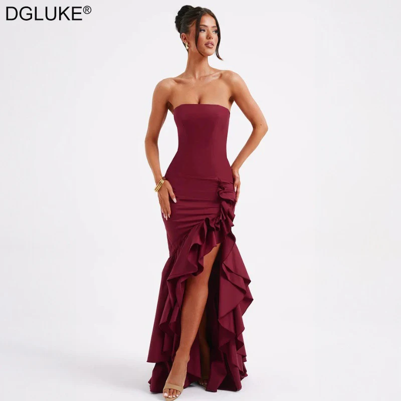 

DGLUKE Burgundy Strapless Evening Dress Woman Off Shoulder Asymmetrical Ruffle Maxi Dress Elegant Long Prom Dress