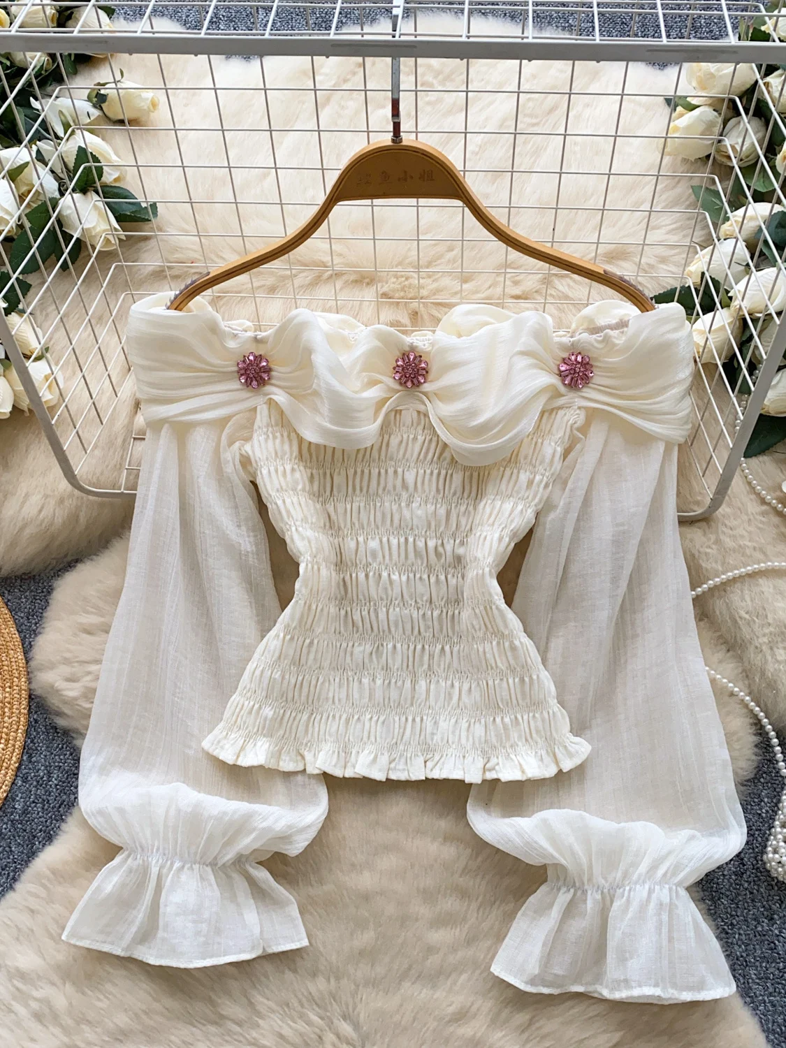 

2026 New Autumn Women Fashion Chic Slash Neck Flare Sleeve Shirt Diamonds Flower Decoration Pleated Slim Short Shirt Tops