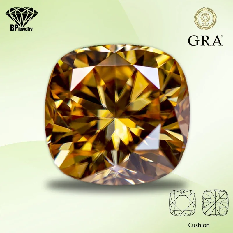 

Moissanite Stone Champagne Color Cushion Cut Gemstone Lab Created Heat Diamond for DIY Jewelry Making Materials with GRA Report