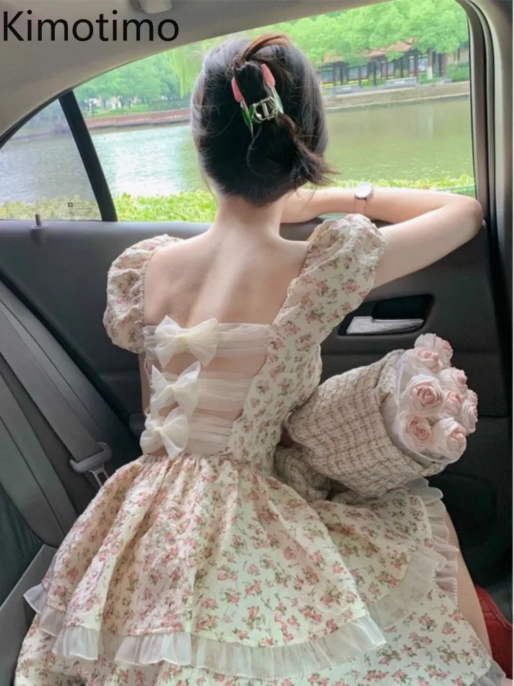 Kimotimo French Sweet Floral Puff Sleeve Y2k Dress Women Spring Smmer Sexy Backless Bow High Waist A-line Fluffy Short Dresses