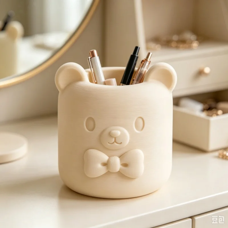 3D Printed Bear Pen Holder Plastic Cute Bow‑knot Desktop Stationery Storage Container Home Office Table Decor