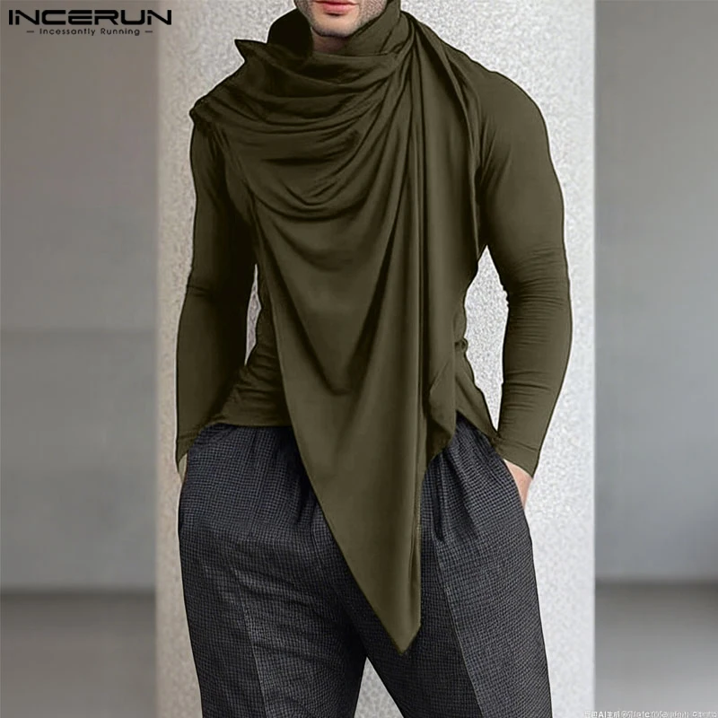 

INCERUN Men Irregular T Shirt Solid Color Turtleneck Long Sleeve Pleated Casual Tee Tops Streetwear Loose Fashion Men Clothing