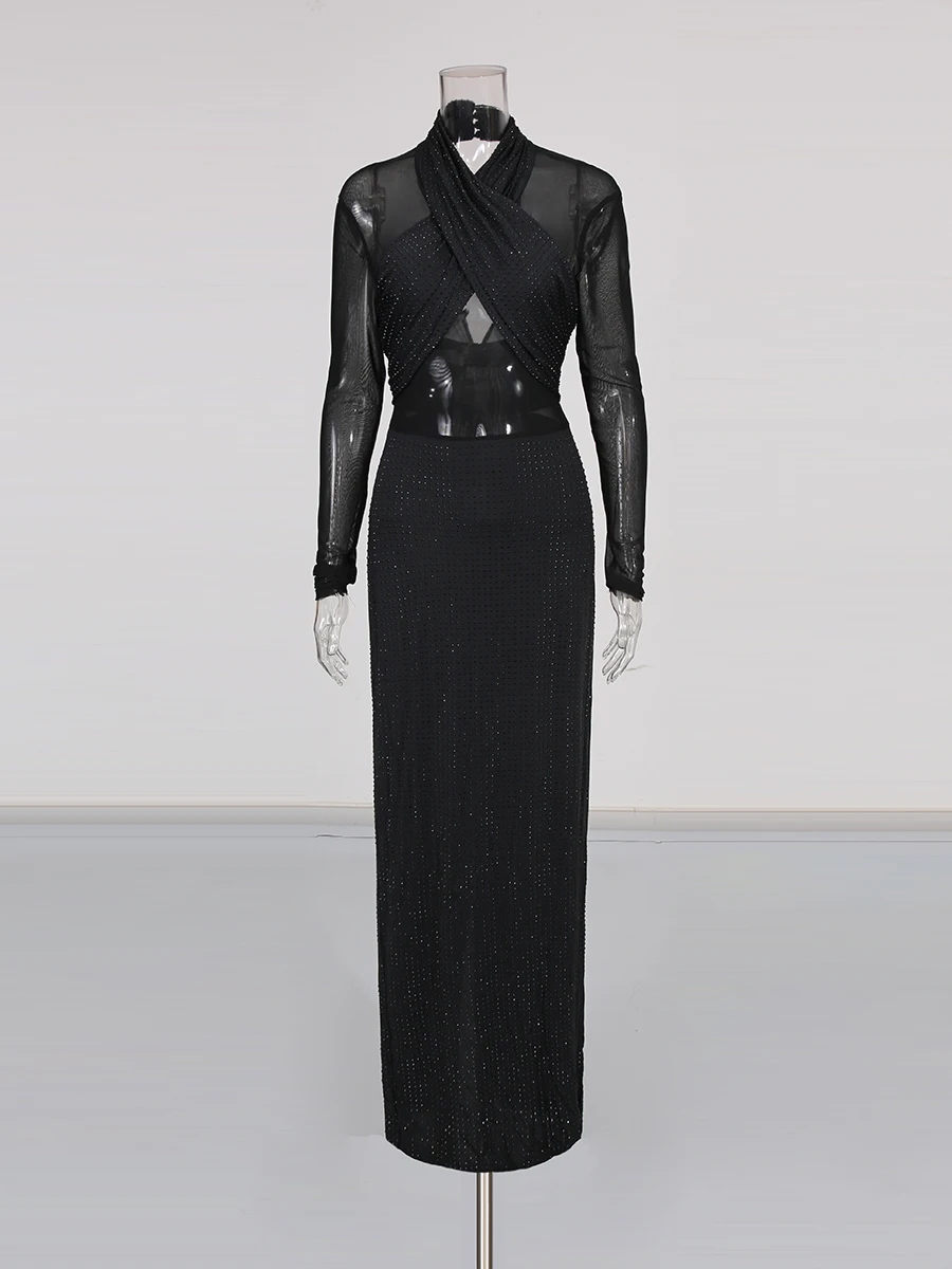 TWOTWINSTYLE Slimming Sheer Spliced Hot Fix Sexy Dresses for Women Stand Neck Long Sleeves High Waist Elegant Dress Female New