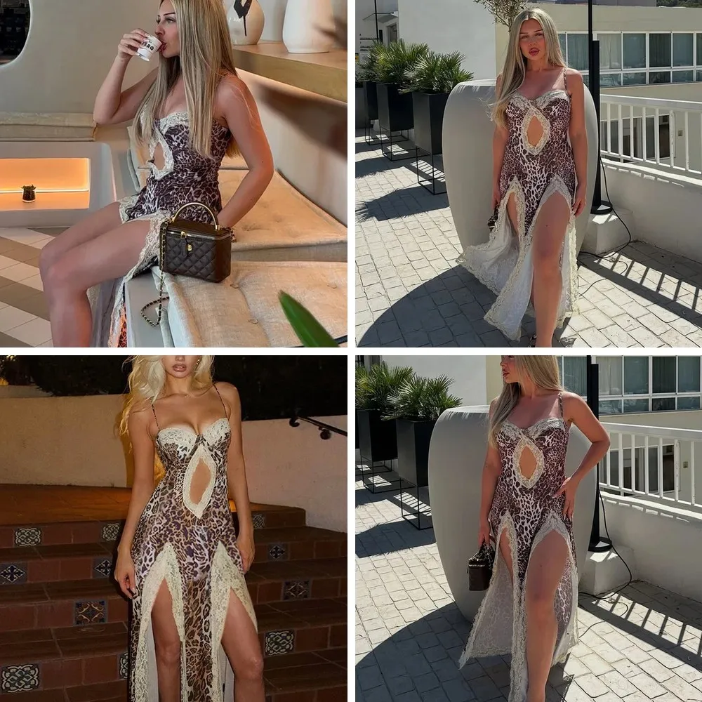 

Elegant Leopard Print Backless Maxi Dress - Off-Shoulder Sleeveless Beach Gown for Women