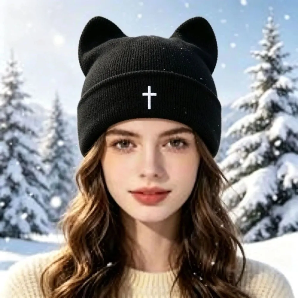 Fashion Cross-Embroidered Knitted Woolen Hat Windproof Thickened Ear Protection Hat Keep Warm Cat Ear Beanies Cap Winter
