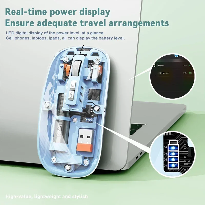 Transparente USB Tipo-C Bateria Display Mouse, Ajustável, Recarregável, Display de Bateria, Azul-Dente, Laptop, PC, 3 Modos, 2400DPI